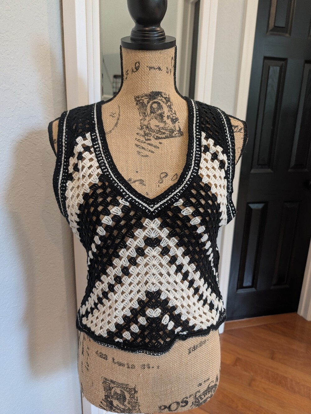 Black & Cream Cropped Crocheted Vest
